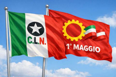 Bandiera italiana con lo stemma del Comitato di Liberazione Nazionale e bandiera del 1 maggio