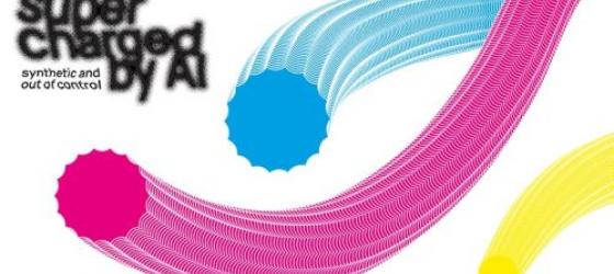 Banner della mostra Supercharged by AI. Contiene un disegno astratto su sfondo bianco, con tre elementi colorati in giallo, rosa e azzurro.